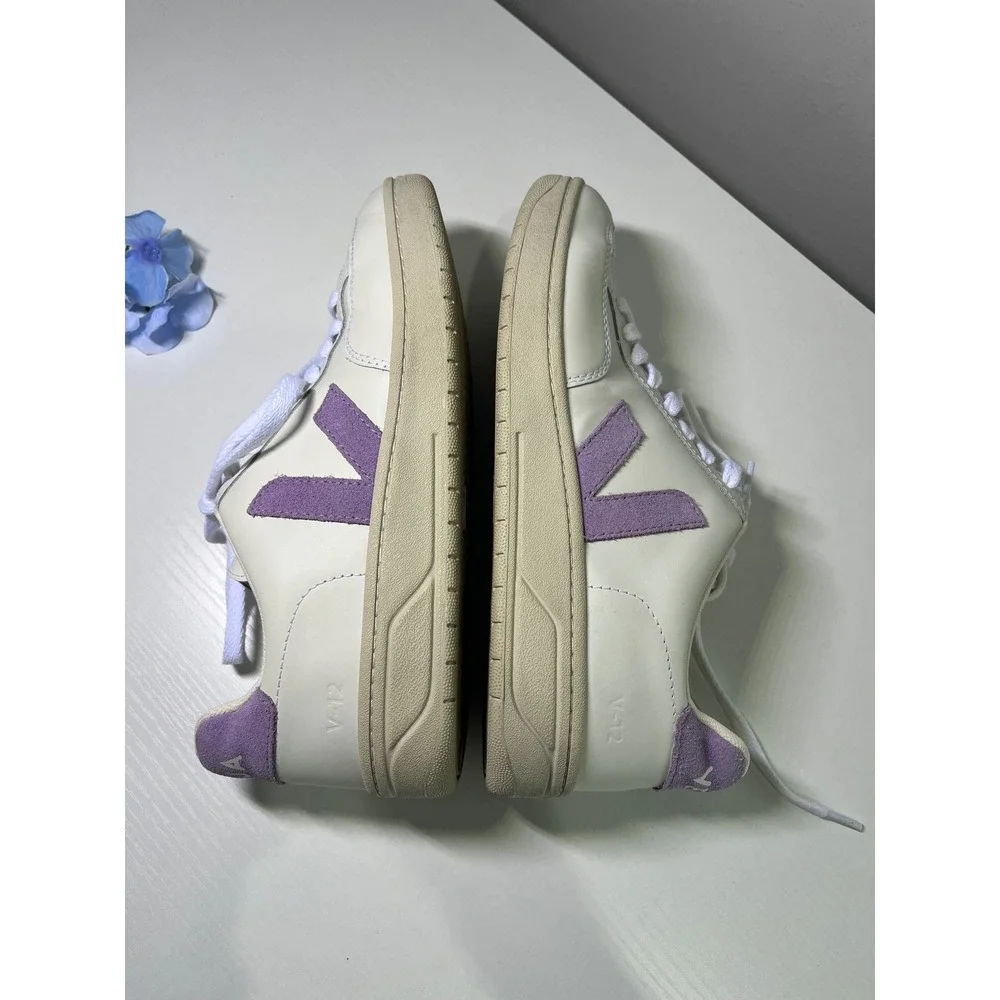 Veja V-12 Leather Sneakers White Lilac Purple Womens Size 9 EUR 40 Low Top Shoes